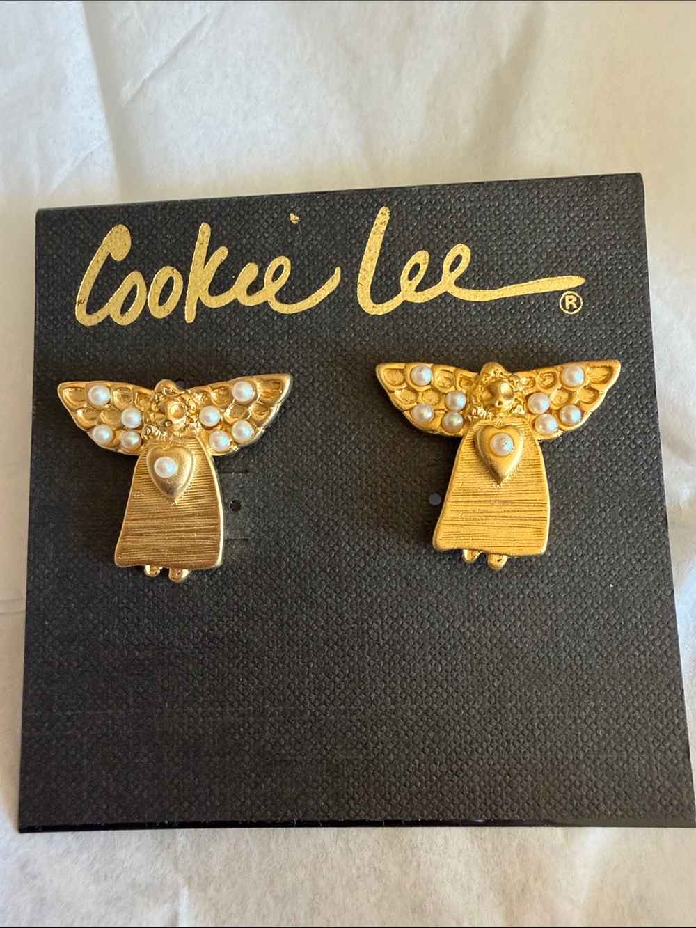 Vintage Cookie Lee Gold Angel Post Earrings Faux Pearl Accent Holiday retro 90’s